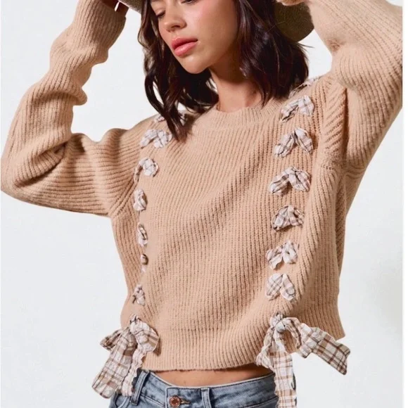 So Me Cropped Bow Cardigan Sweater Beige Plaid Bow Detail Women’s Medium - Picture 5 of 11